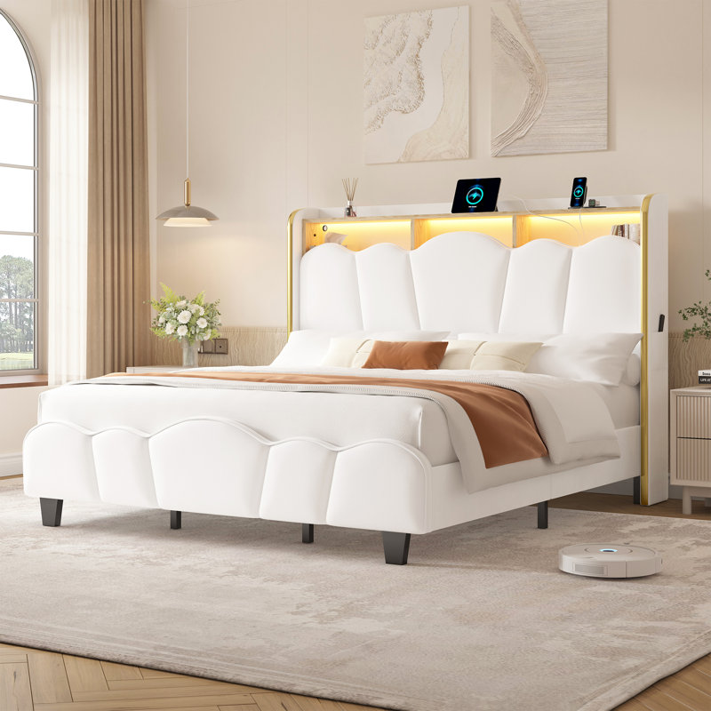 Bed Frame With Flower Shape Upholstered Headboard And Storage Shelf,With Charging Station And Led Lights, White, King
