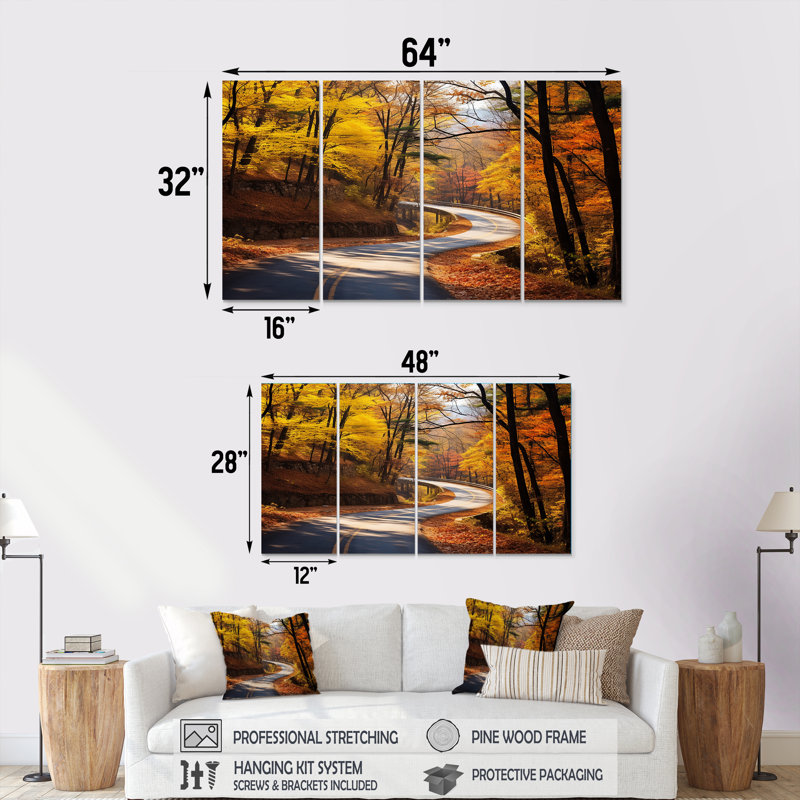Golden Road Of Autumn II - Road, art mural 4 pièces, H 32 po x l 64 po
