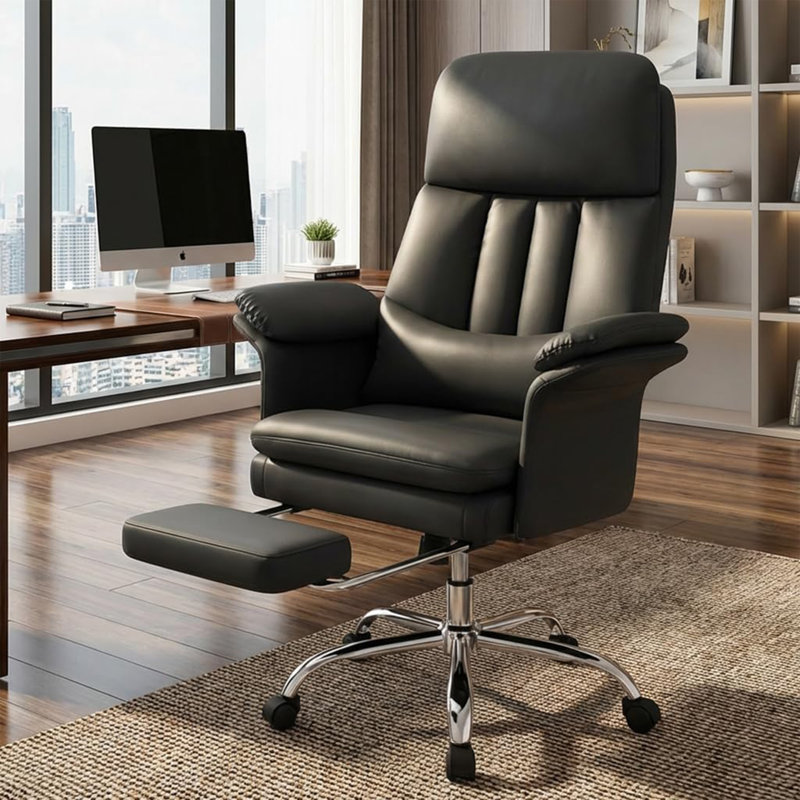 Faux Leather Executive Computer Chair Ergonomic Office Chair with footrest and Double-THick Padding Armrest, Black
