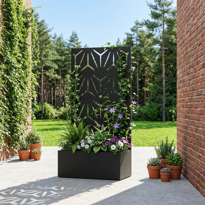 Metal Planter Box with Trellis with Wheels, Black