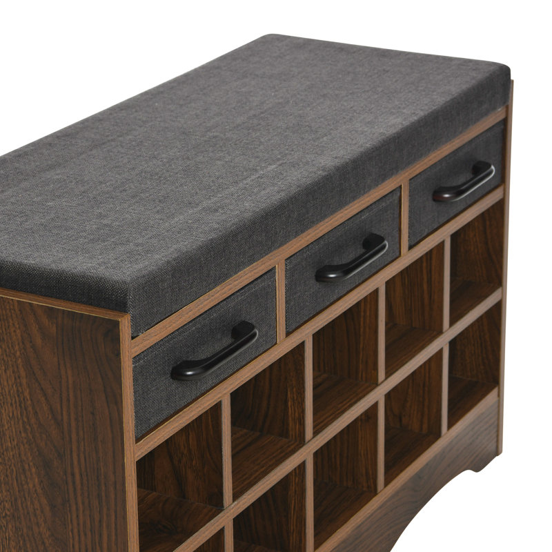 Meshea Entryway Storage Bench with 3 Dark Grey Drawers 10 Shoe Compartments and Cushioned Seat, Mid Century Walnut/Solid
