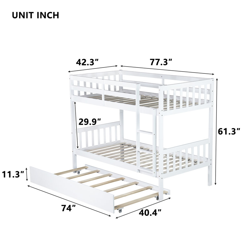 Sotion Kids Bunk Bed with Trundle, White, Twin Over Twin