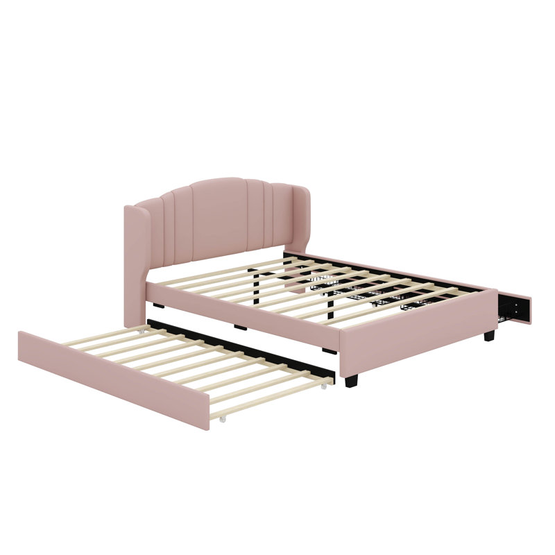 Grand lit plateforme tapissier avec tête de lit à oreilles, lit gigogne et tiroirs, Rose