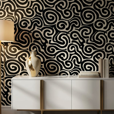 Papier peint à motif abstrait spirale noir et blanc