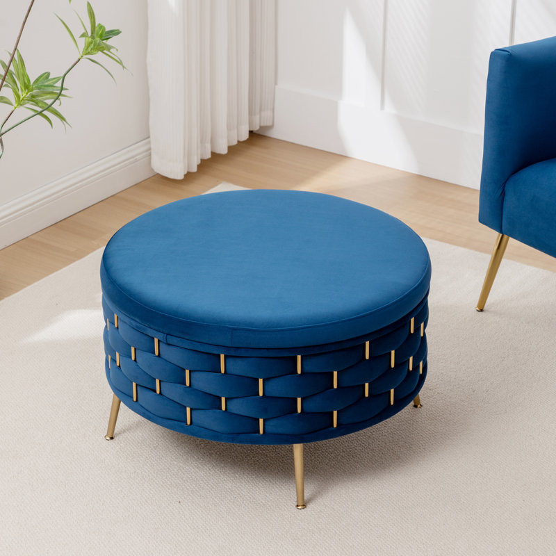 Cristen Upholstered Round Storage Ottoman, Navy