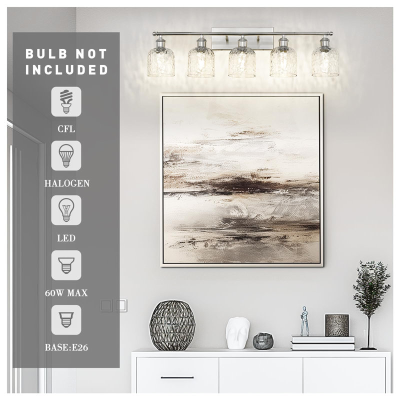 5-Light Bathroom Vanity Light With Clear Hammered Glass, Brushed Nickel