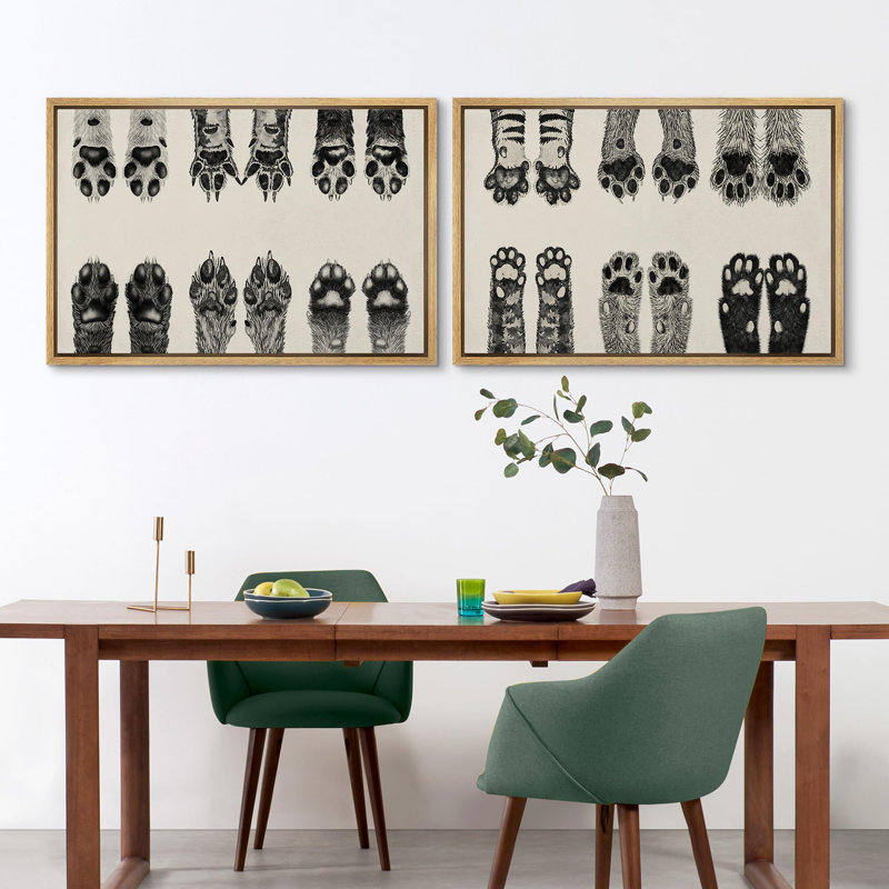 Animaux, chien et chat, mignonnes pattes d'animaux, décor de chambre de bébé rétro - 2 pièces, Encadré naturel