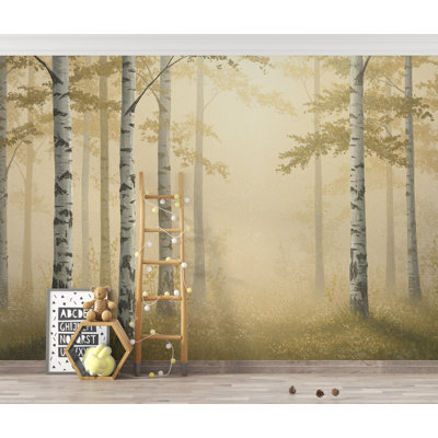 Papier peint forêt dorée, art mural arbre doré dramatique, décor boisé doré Moody, peinture murale de luxe peinte nature