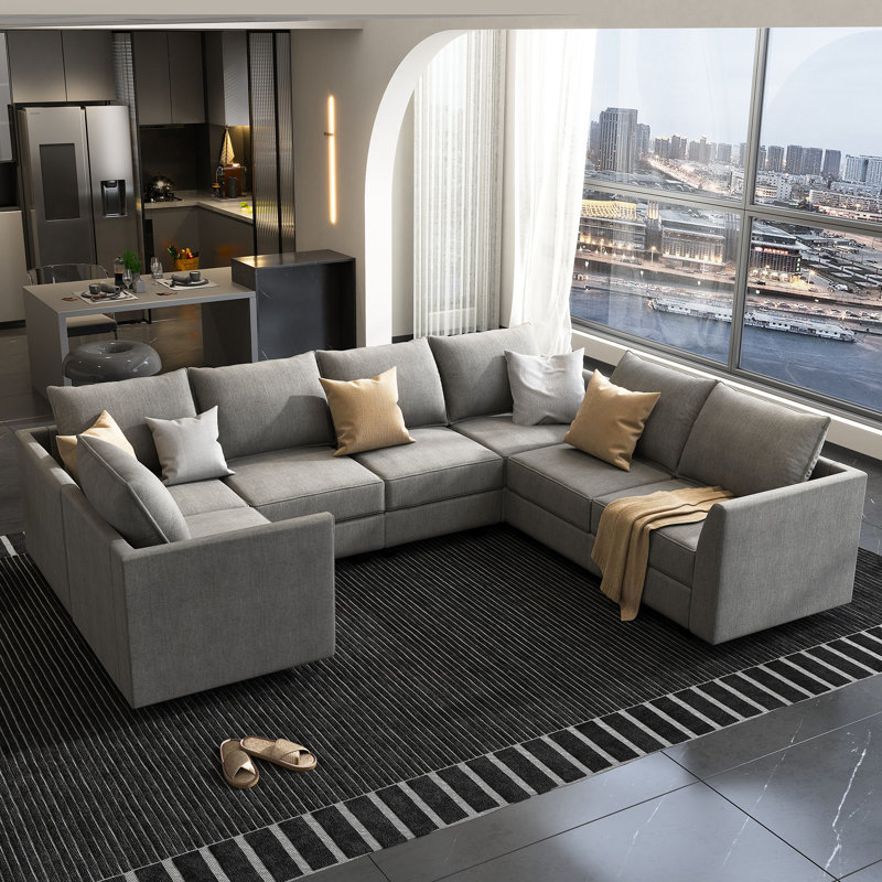Canapé modulaire rembourré en U avec siège et rangement, Polyester gris