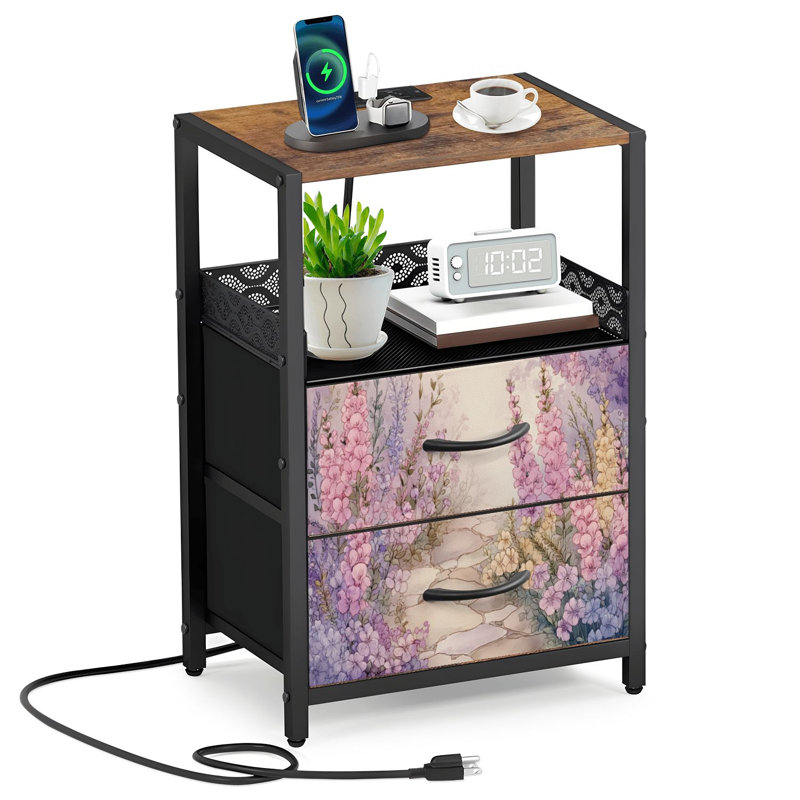 Table de chevet à 2 tiroirs en tissu avec station de charge, chemin de pierre rétro, table de chevet à fleurs et aquarelle sereine