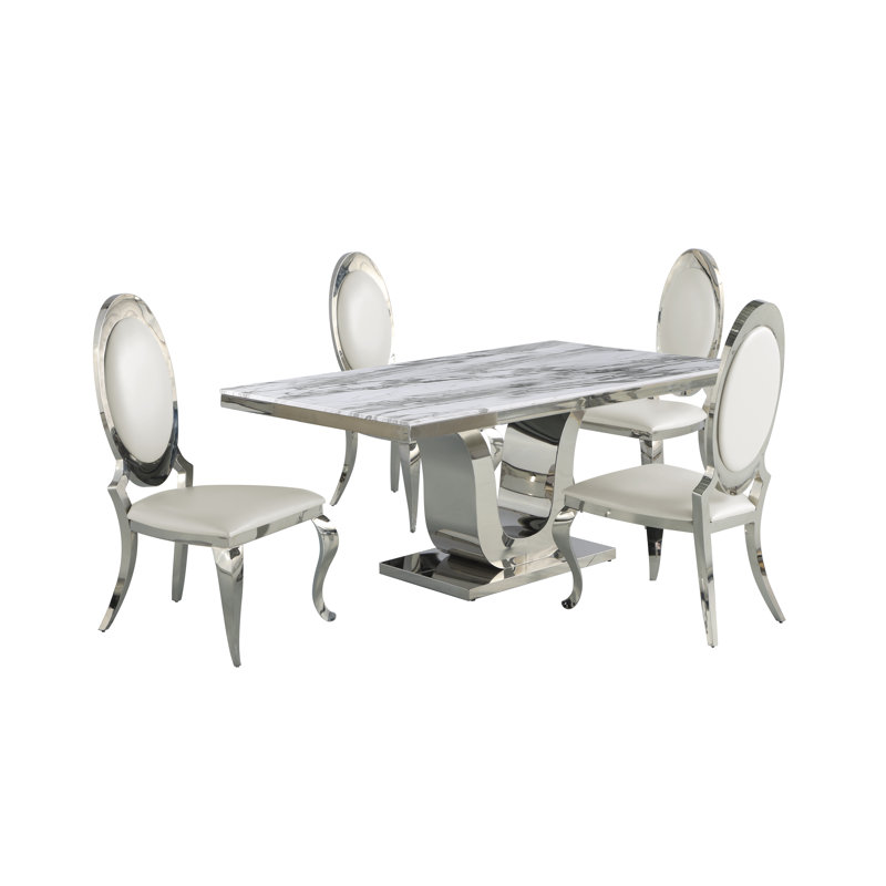 Sipes White Marble Dining Set with White Faux Leather Chairs, 5, White/Silver