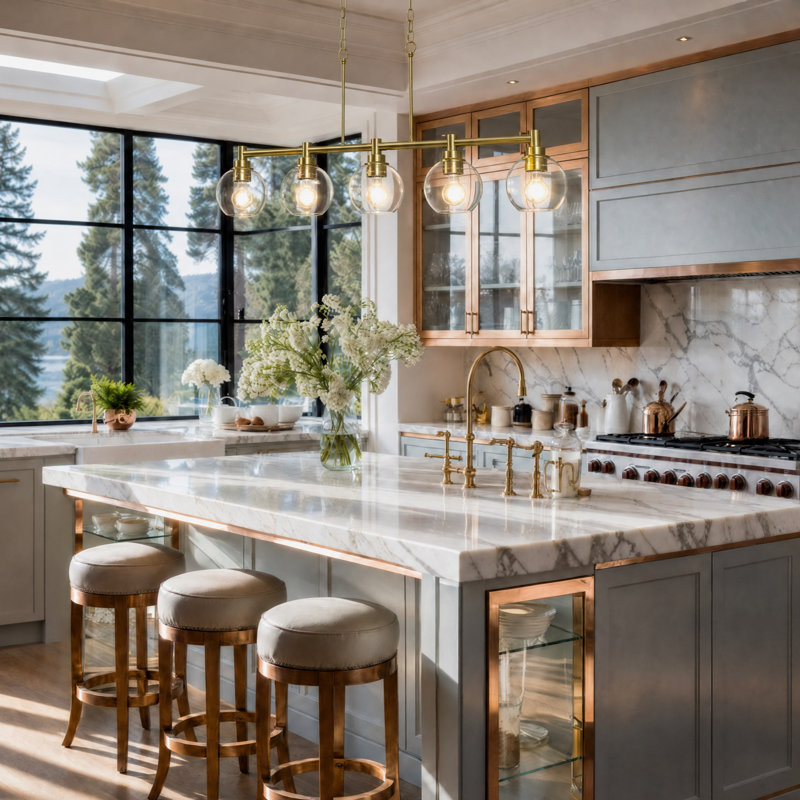 Luminaire suspendu 5 lumières à intensité variable pour îlot de cuisine avec abat-jour en verre transparent et hauteur réglable