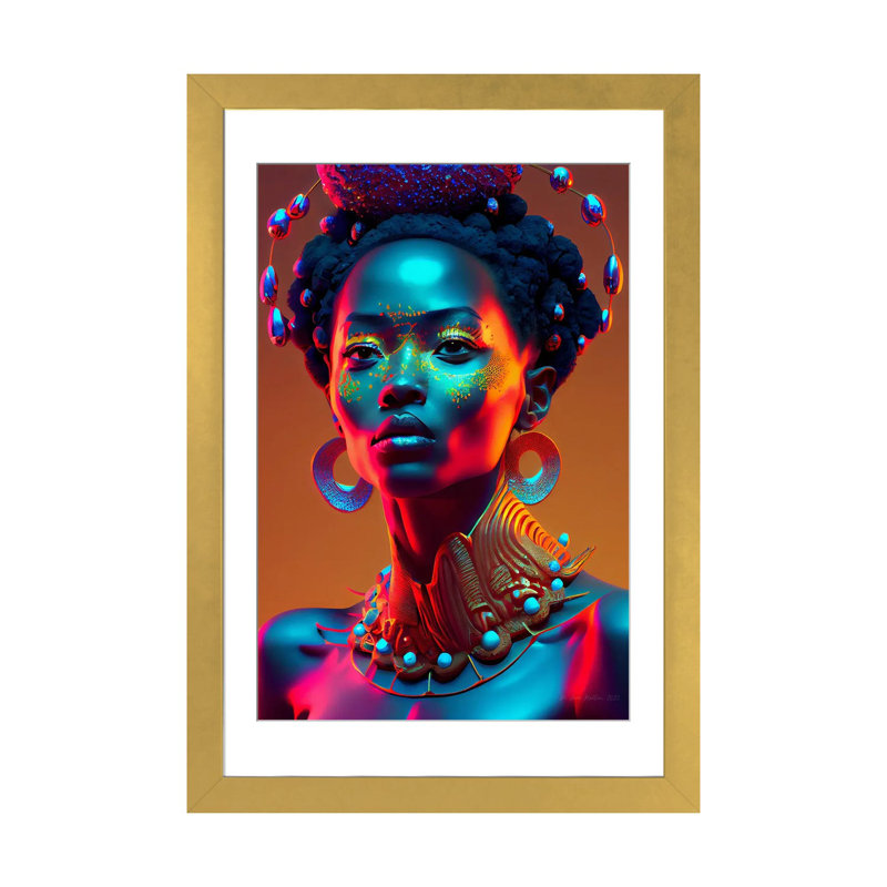 Afrofuturist African Royalty Queen I, Gold Open Corner Frame Paper, 24" H x 16" W x 1" D