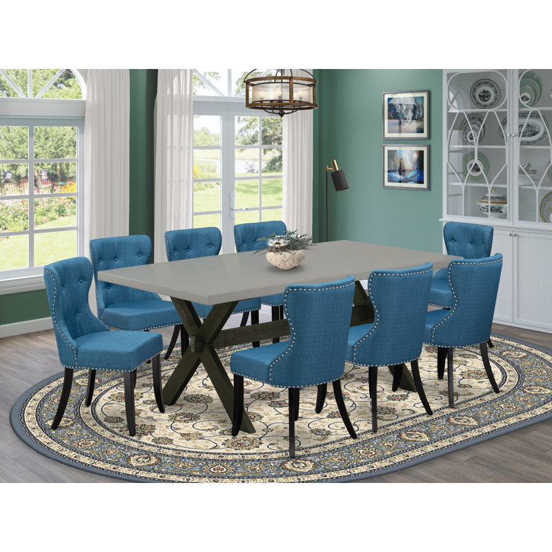 9 Piece Dining Table Set Includes a Rectangle Dining Room Table with X-Legs and 8 Blue Linen Fabric Upholstered Parson Chairs, Black Finish