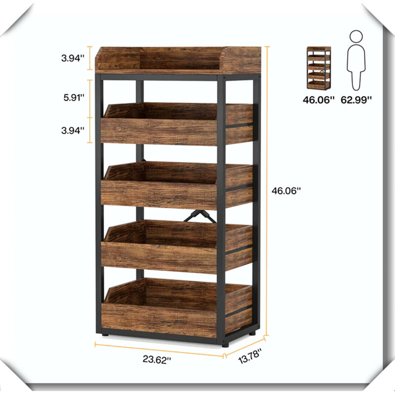 Snack Organizer Wine Basket Stand Wood Food Storage Rack Versatile Multi-use, Black,Rustic Brown