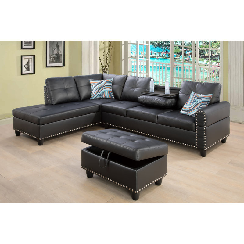 Plyler 97.2" Wide Modular Sectional with Ottoman, Black Faux Leather, Left Hand Facing