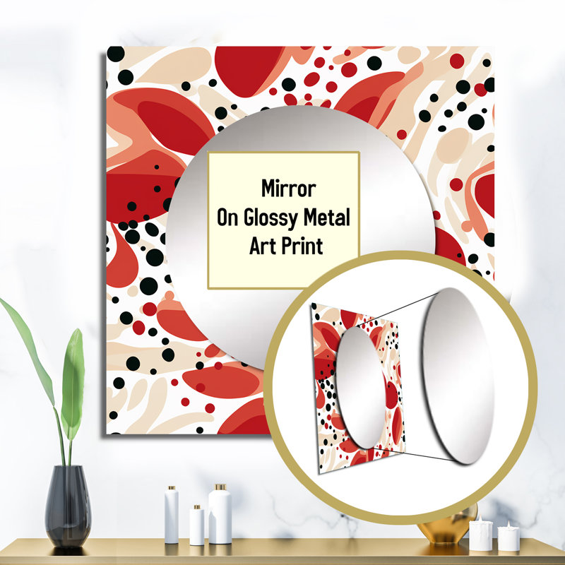 Motif à pois rouges et blancs II - miroir carré moderne pour décoration murale, 36 po x 36 po