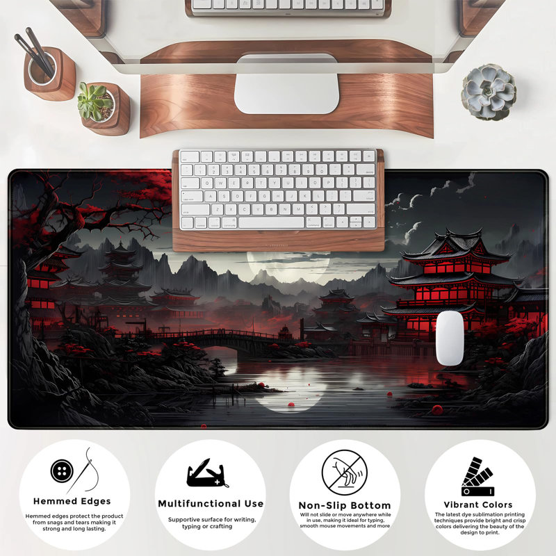 Desk Mat Riverside Full Moon Desk Pad Black Red Large Mouse Pad Gaming Mousepad Extended XXL Keyboard Pad 31.5 X 15.7 In Laptop Computer Mouse Keyboard Mat For Office Desk Decor