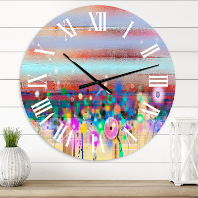 Horloge murale moderne peinte à la main jaune pastel et fleurs printanières rouges