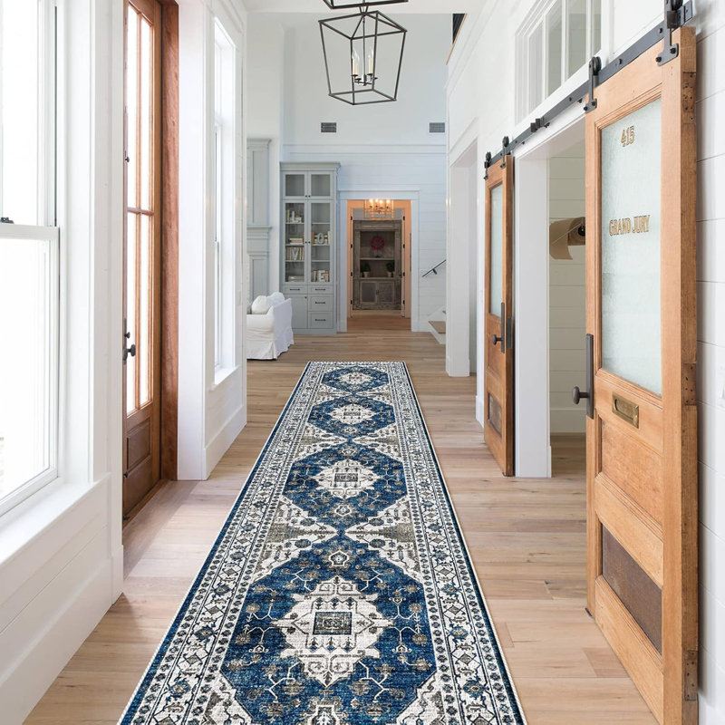 Hallway Washable Rug - Kitchen Rugs Entryway Rug Vintage Soft Floor Mat Non Slip Indoor Farmhouse Carpet for Bathroom Living Room Bedroom (Blue)