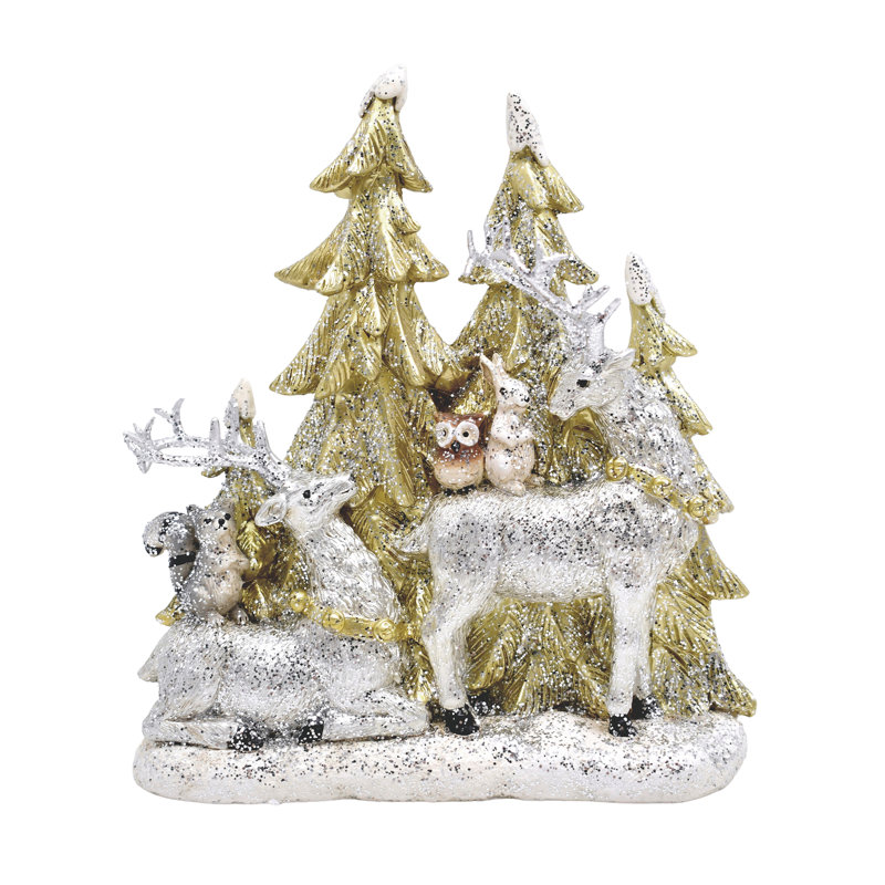 Scène d'hiver en résine argentée avec cerf, figurines, or, résine, plateau de table, salon, Noël, décoration de Noël