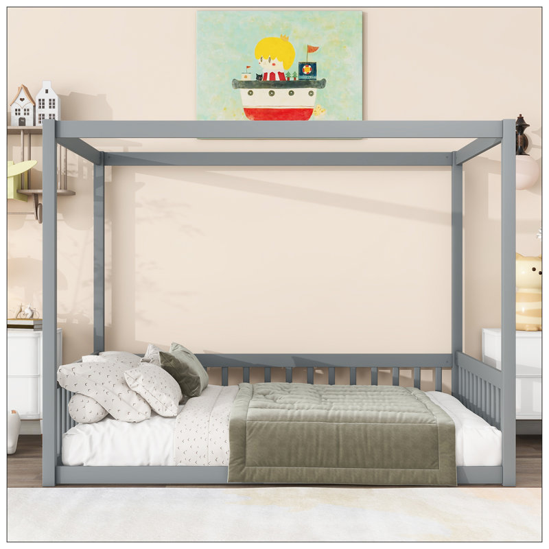 Lit à baldaquin double avec clôture, gris, gris