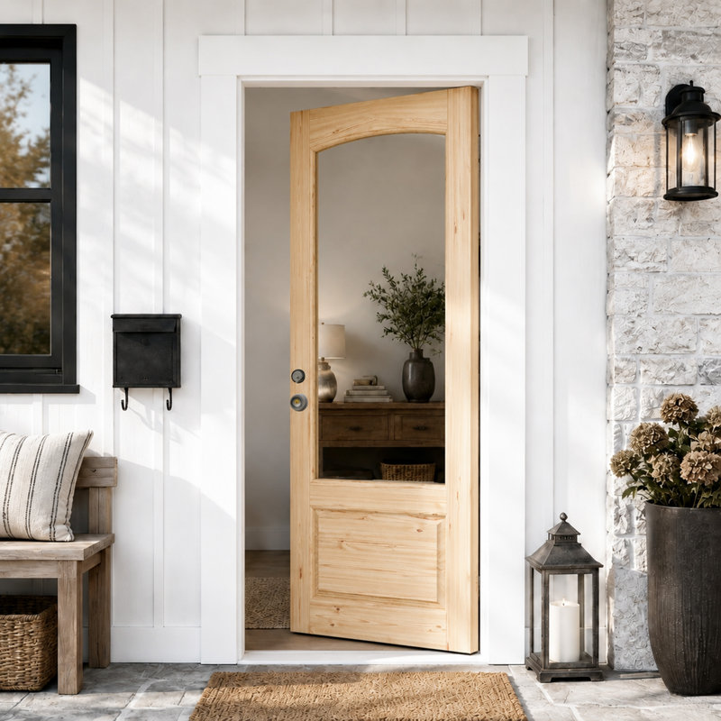 Porte d'entrée extérieure cintrée en pin massif avec serrure et poignée, en bois brut, double vitrage trempé., 32 po x 80 po