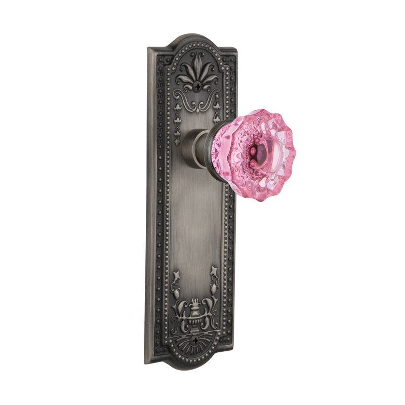 Plaque Meadows avec bouton de porte rose cristal, Étain antique
