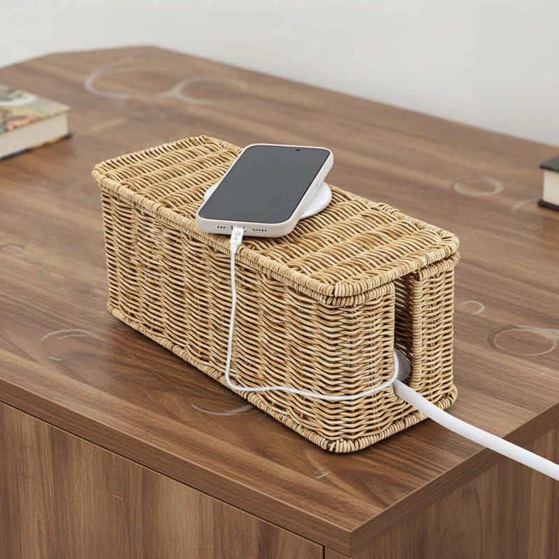 Natural Color, Handmade Rattan Cable Organizer Box , 13.2 X 5.2 X 5.2 Inches, Open Design For Under-Desk Cable Management.