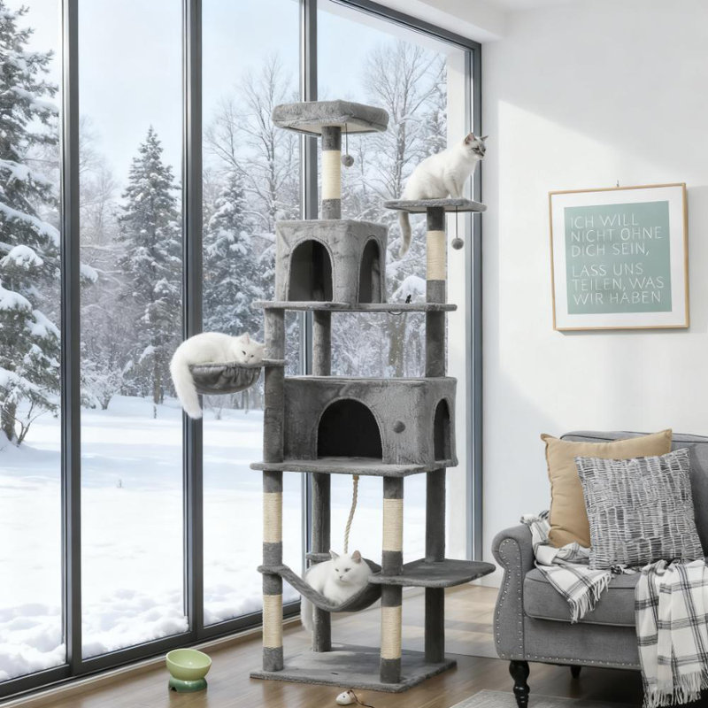 Très haute tour d'arbre à chat à plusieurs niveaux de 80 po avec poteaux à griffes en sisal, plusieurs condos et hamacs pour 2-3 grands chats, meubles moelleux gris foncé