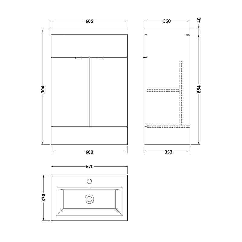 610mm Single Bathroom Vanity with Drop In Vitreous China Basin