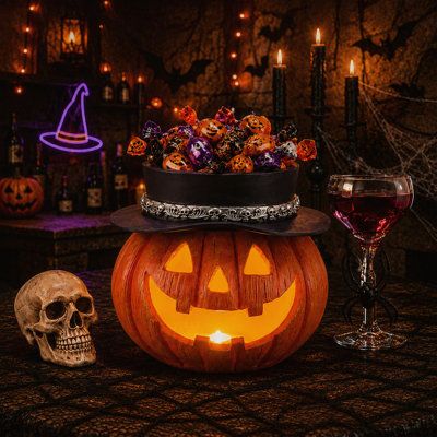 Bol à bonbons citrouille d'Halloween avec chapeau de sorcière et lanterne lumineuse