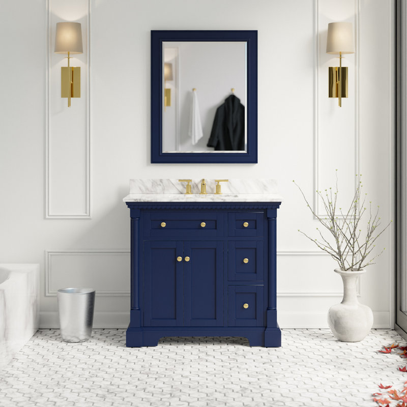 Ensemble de meuble-lavabo simple 36 po Fossen, Bleu royal, Marbre de Carrare