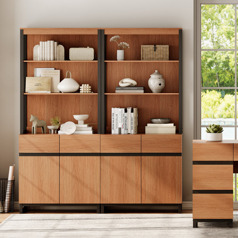 Aadam  2 PCS Modern 72" Tall Bookcases With Metal Base And Adjustable Shelves, Library Book Shelf With Storage Cabinet And Open Book Shelfs, Wood Bookshelves For Home Office, Living Room