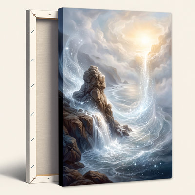 Fantasy Rocky Cliffs With Glowing Waterfall And Sunlight Canvas Wall Art