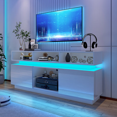 71 Inch High Gloss LED TV Stand with Power Outlets, Modern Tall Entertainment Center for TVs Up to 80 Inch, Gaming Media Console for Living Room
