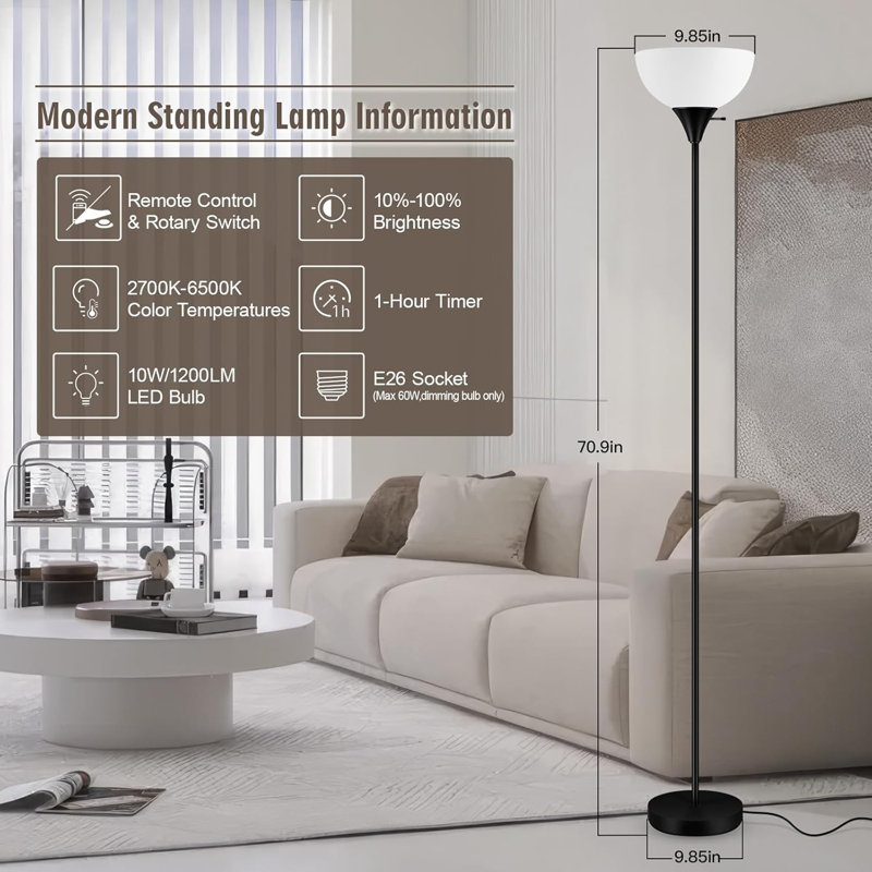 71'' Adjustable Floor Lamp With Remote, 2700K-6500K Color Temperature & Brightness, 10W/1200LM Dimmable LED Torchiere Lamp For Living Room, Bedroom, Office - Black