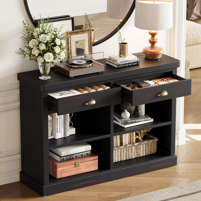 Console 47 pouces avec tiroirs et tablettes de rangement ouvertes avec détails en bois rustique, Espresso