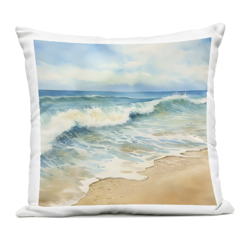 Coussin d'extérieur Hear The Waves Coast, imprimé par LSR Design Studio, Carré 18 po, Bleu nautique et plage 24