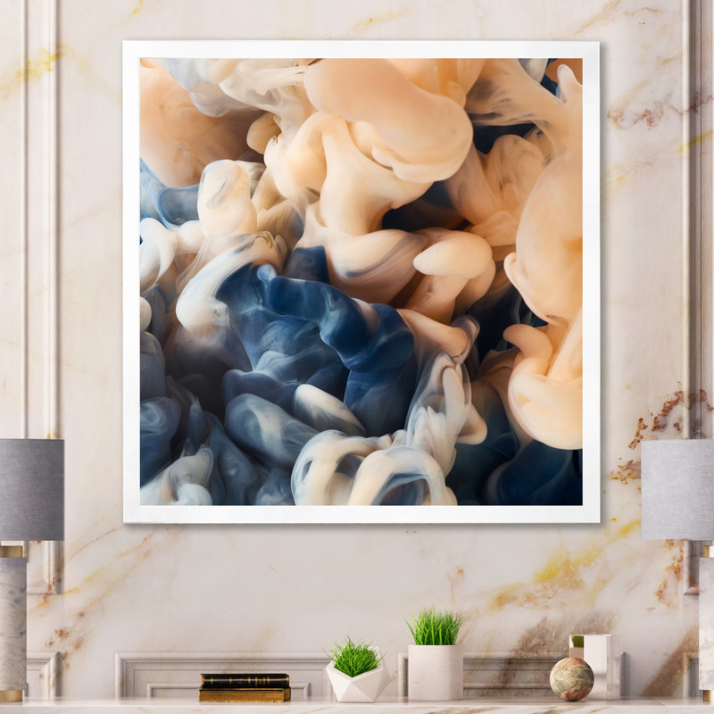 Jaune et bleu, encre fluide II - art mural moderne et contemporain sur toile, H 30 po x l 30 po x P 1 po, Cadre photo blanc
