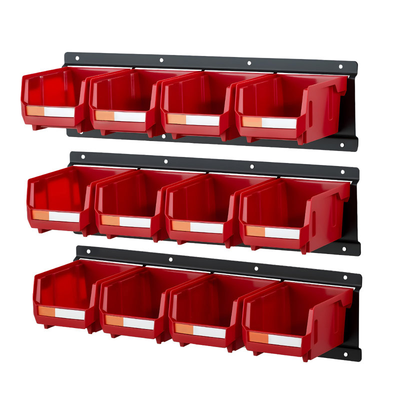 Wall Mounted Storage Bins, 12 Plastic Bins & 3 Metal Rails, Plastic Hanging Stackable Storage Bin For Screws, Nuts, Bolts, Nails, Hardware Tool Organizer For Workshop, Craft Room, Garage, Red