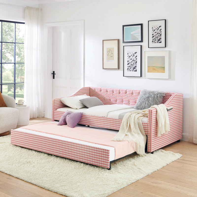 Lit de jour, lit de jour convertible rembourré avec dossier capitonné, canapé-lit polyvalent 3 en 1 avec lit gigogne escamotable et rangement latéral, parfait pour une vie compacte