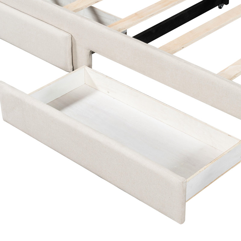 Twin Xl Extendable Daybed, Beige Linen Upholstery, Led , Storage Drawers, Strong Pine Wood Frame To King Upholstered Trundle For Extra Space