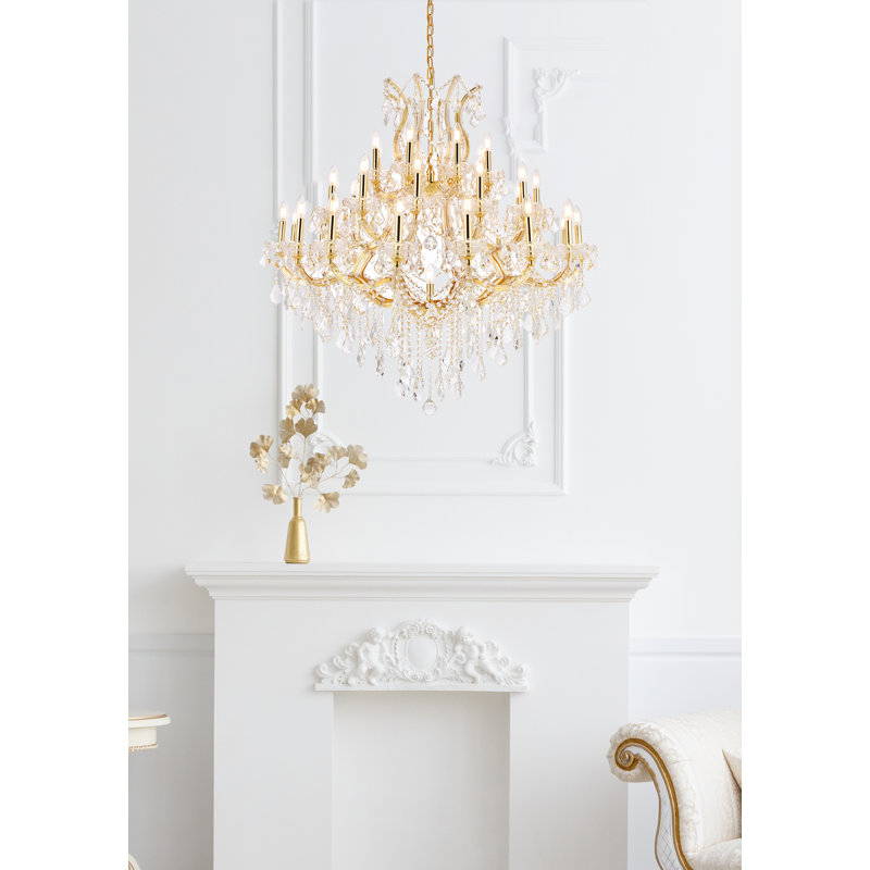Lustre étagé de style bougie à 37 lumières Stockard, Clair, Coupe élégante, Doré