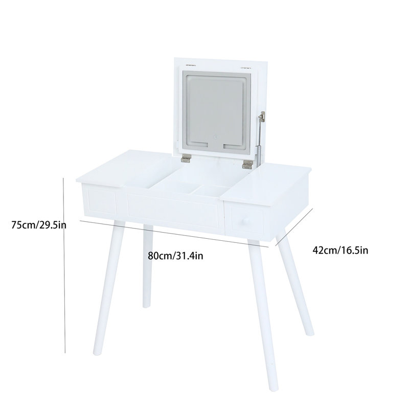 Bureau de meuble-lavabo avec grand miroir lumineux à DEL et armoire en bois blanc laiteux et Power Point, table de maquillage pour chambre à coucher, luminosité réglable, style gracieux