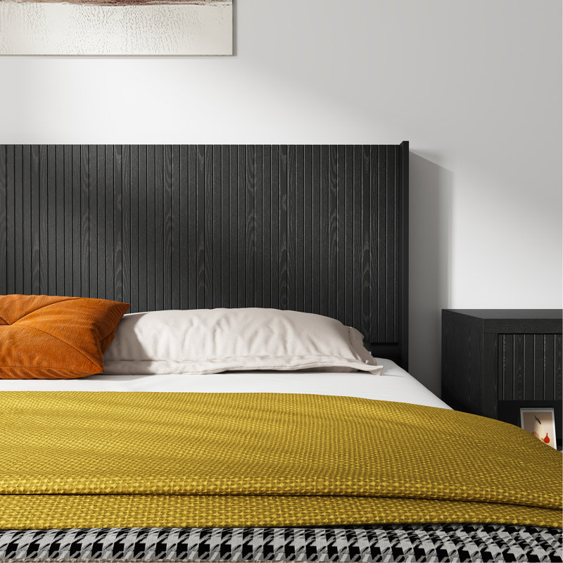 80.2" Wide King Headboard Made Of Wood - Modern Decorative Style, Wall Mounted Fluted Panel Wingback Headboard, Black Color Scheme, Elegant Real Surface, Contemporary 3d Carving Detail, Versatile