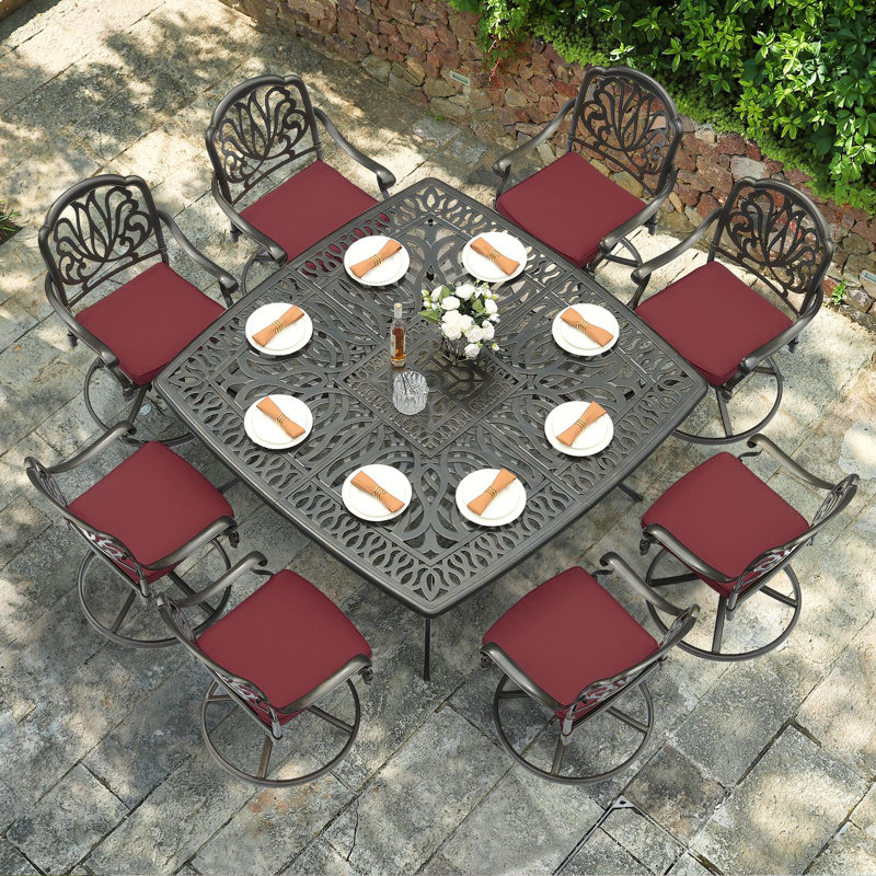 Bloomsbury Market 9-piece Outdoor Furniture Dining Set For 8, All-weather Cast Aluminum Patio Table And Chairs Set With 8 Chairs, 63.98" Large Square Dining Table With 2.2" Umbrella Hole
