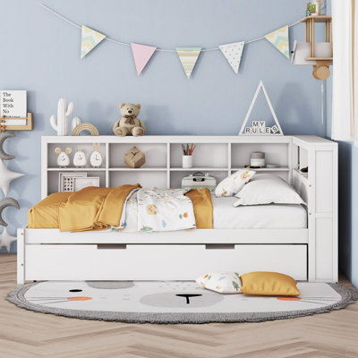 Wooden Full Size Daybed With Twin Size Trundle, Daybed With Storage Shelf And USB Charging Ports