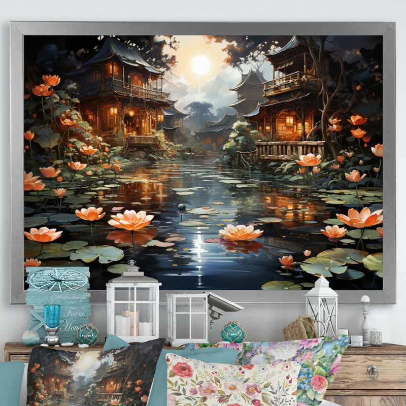 «Mariannah China Art Lotus Lantern II», reproduction, H 24 po x l 32 po x P 1 po, Cadre simple argenté