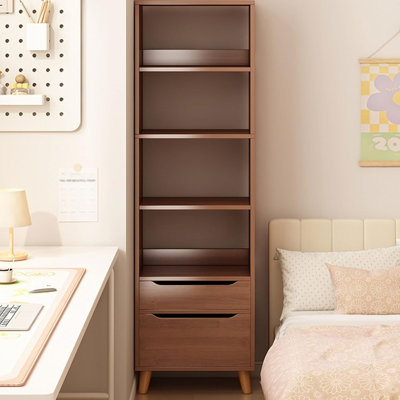 70"h Walnut Finish Narrow Tall Storage Cabinet, 4 Open Shelves + 1 Drawer + 1 Closed Door Cabinet, Slim Freestanding Bookcase, Mid-century Vertical Organizer For Bedroom, Bathroom & Small Spaces